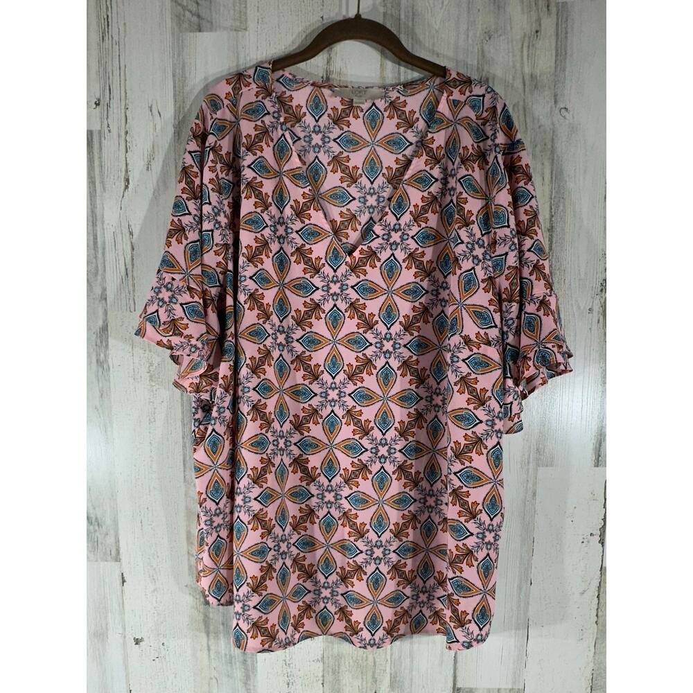 Loft Plus Tunic Size 26 pink Geometric Print Flowy Flutter Sleeve Vneck